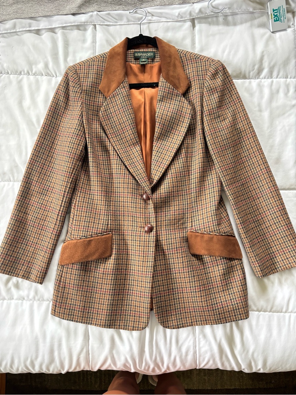 Vintage Bushwacker 100% Wool Plaid Blazer Suede Trim Sz 8 USA